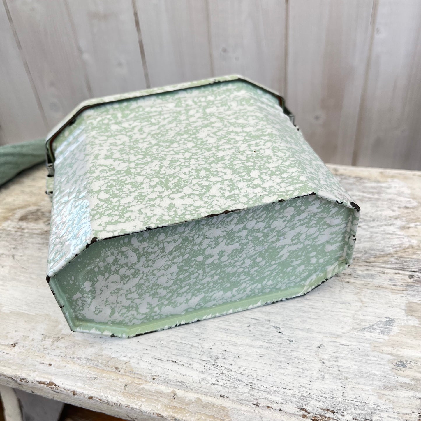 Vintage French Enamel Lunch Pail. Mottled Pale Green. Brocante.
