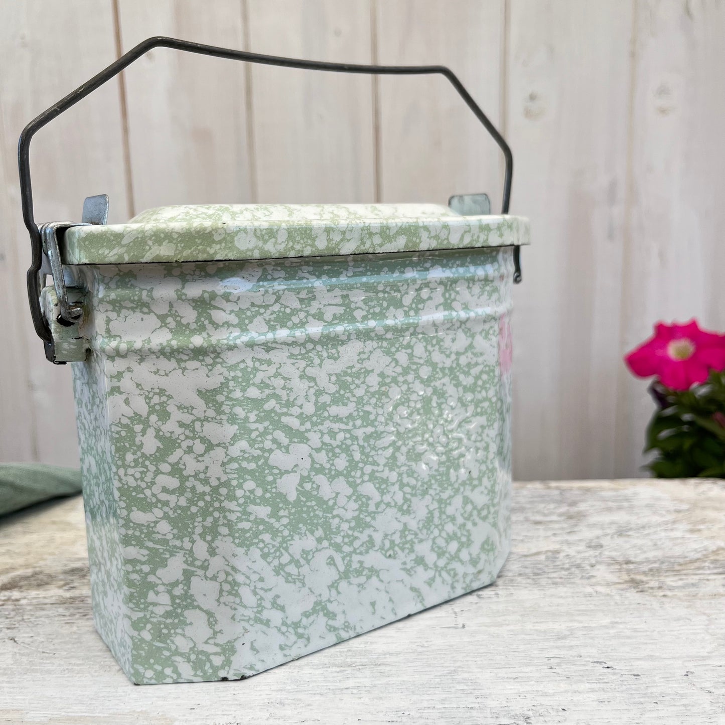 Vintage French Enamel Lunch Pail. Mottled Pale Green. Brocante.