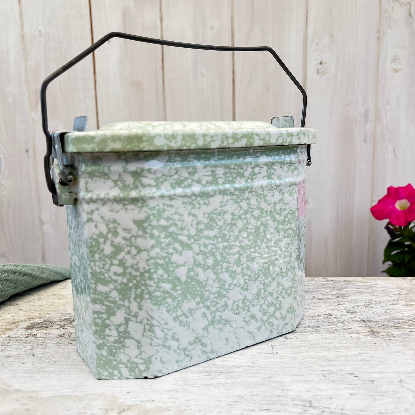 Vintage French Enamel Lunch Pail. Mottled Pale Green. Brocante.