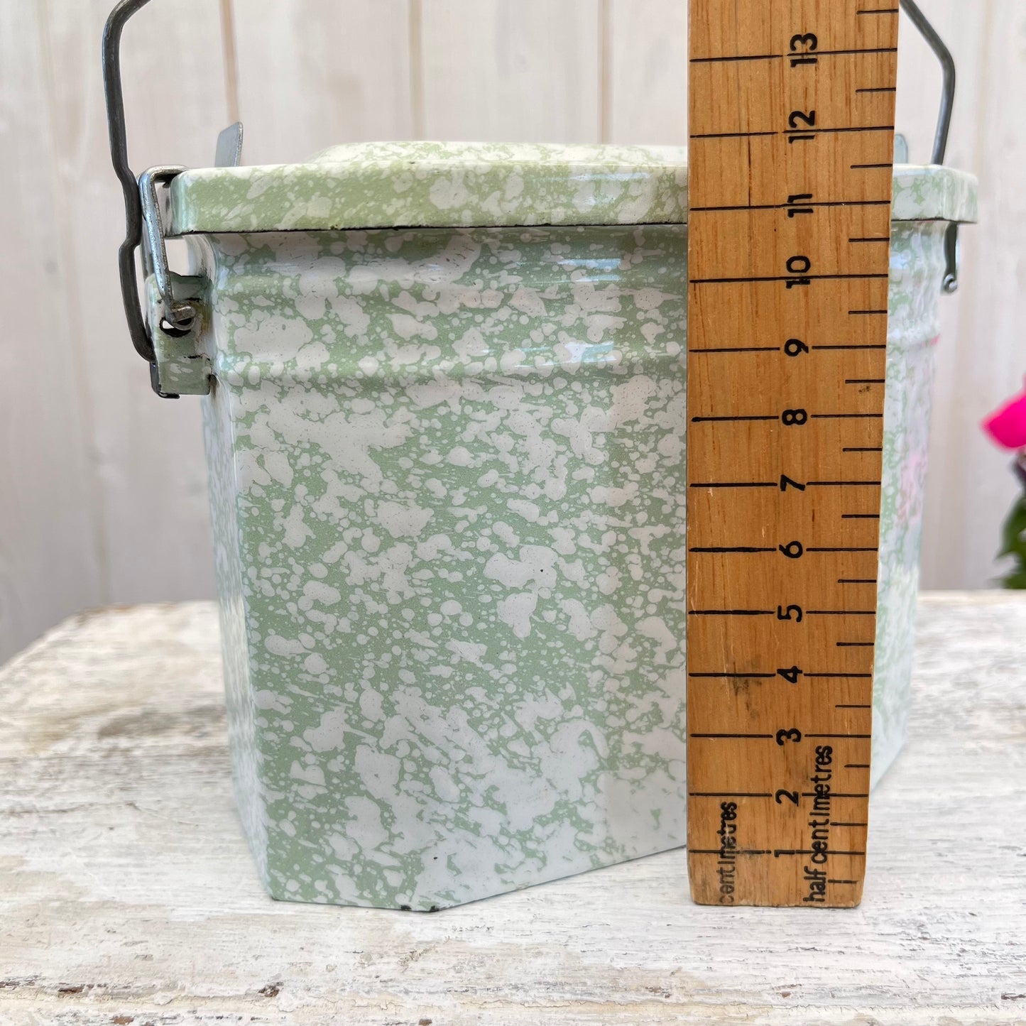 Vintage French Enamel Lunch Pail. Mottled Pale Green. Brocante.