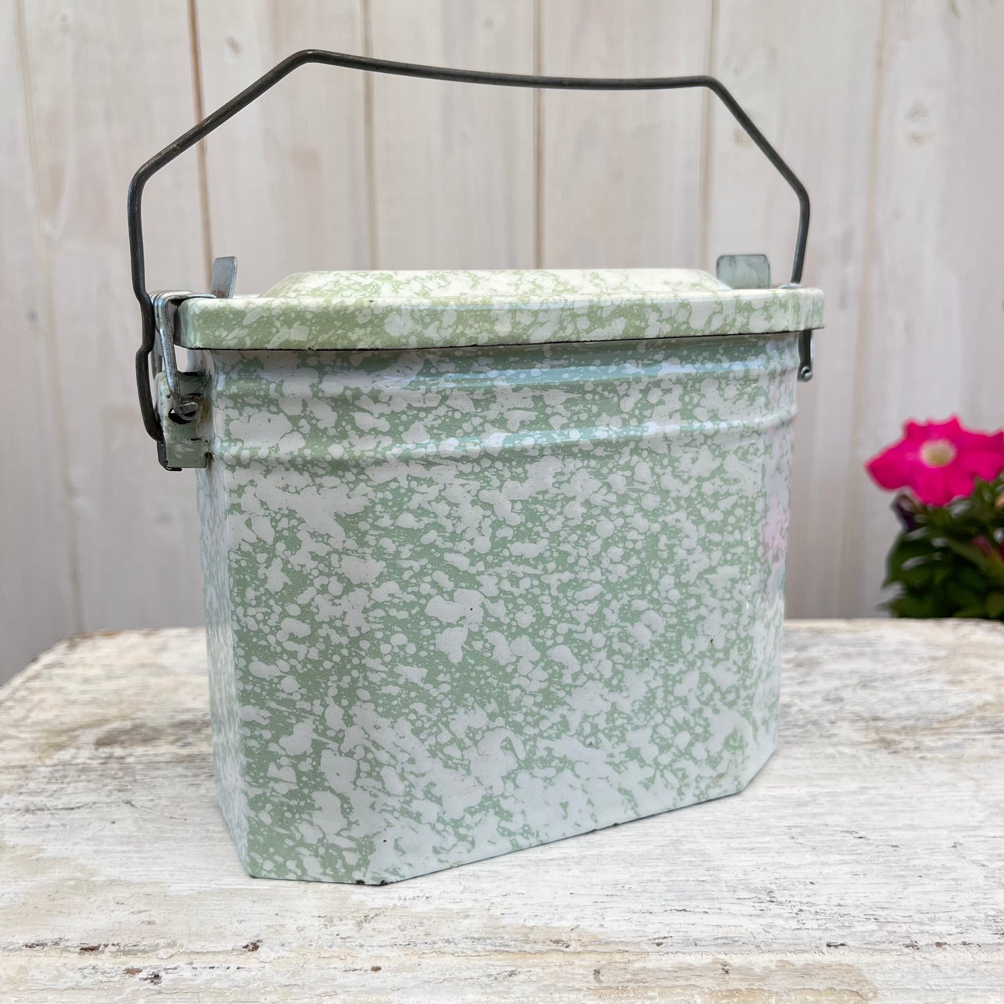 Vintage French Enamel Lunch Pail. Mottled Pale Green. Brocante.
