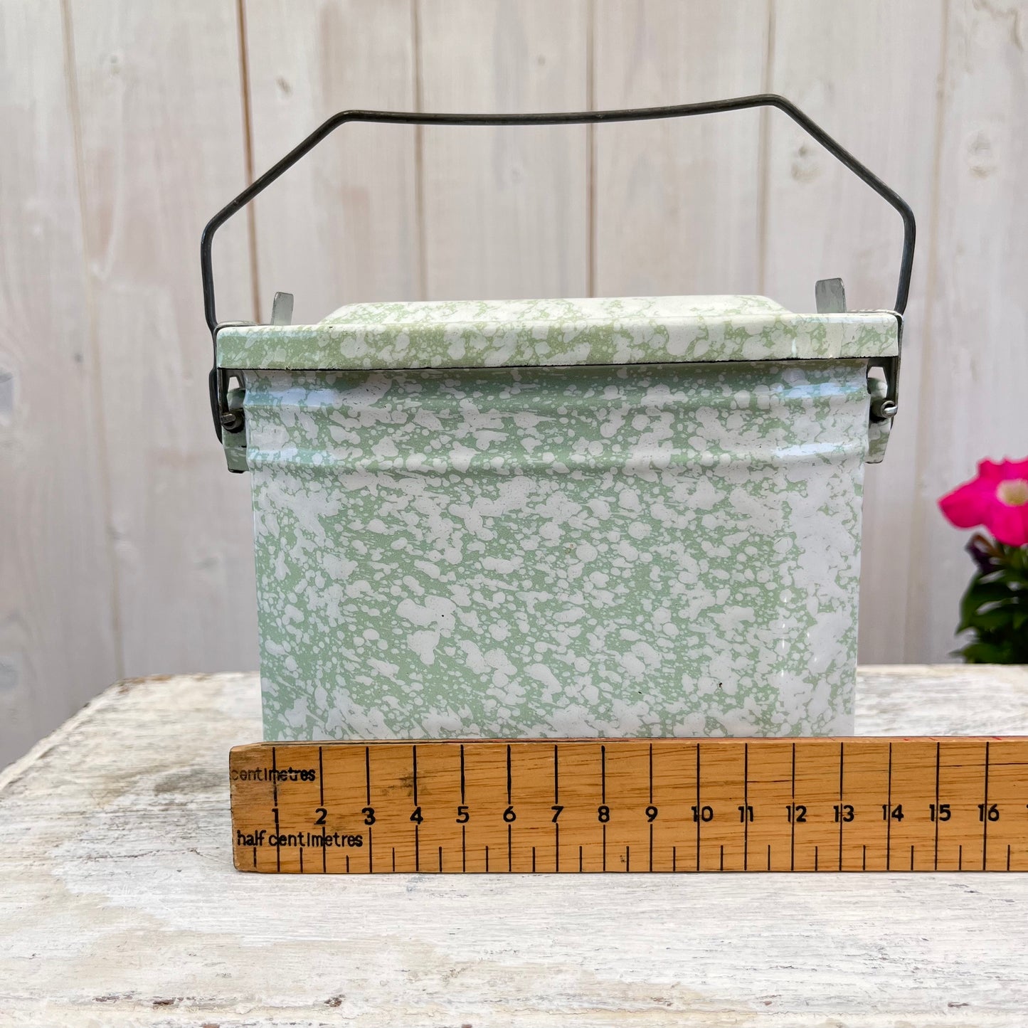 Vintage French Enamel Lunch Pail. Mottled Pale Green. Brocante.