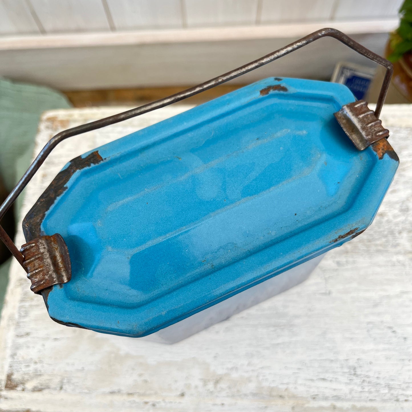 Vintage French Enamel Lunch Pail. Blue Ombre. Brocante.