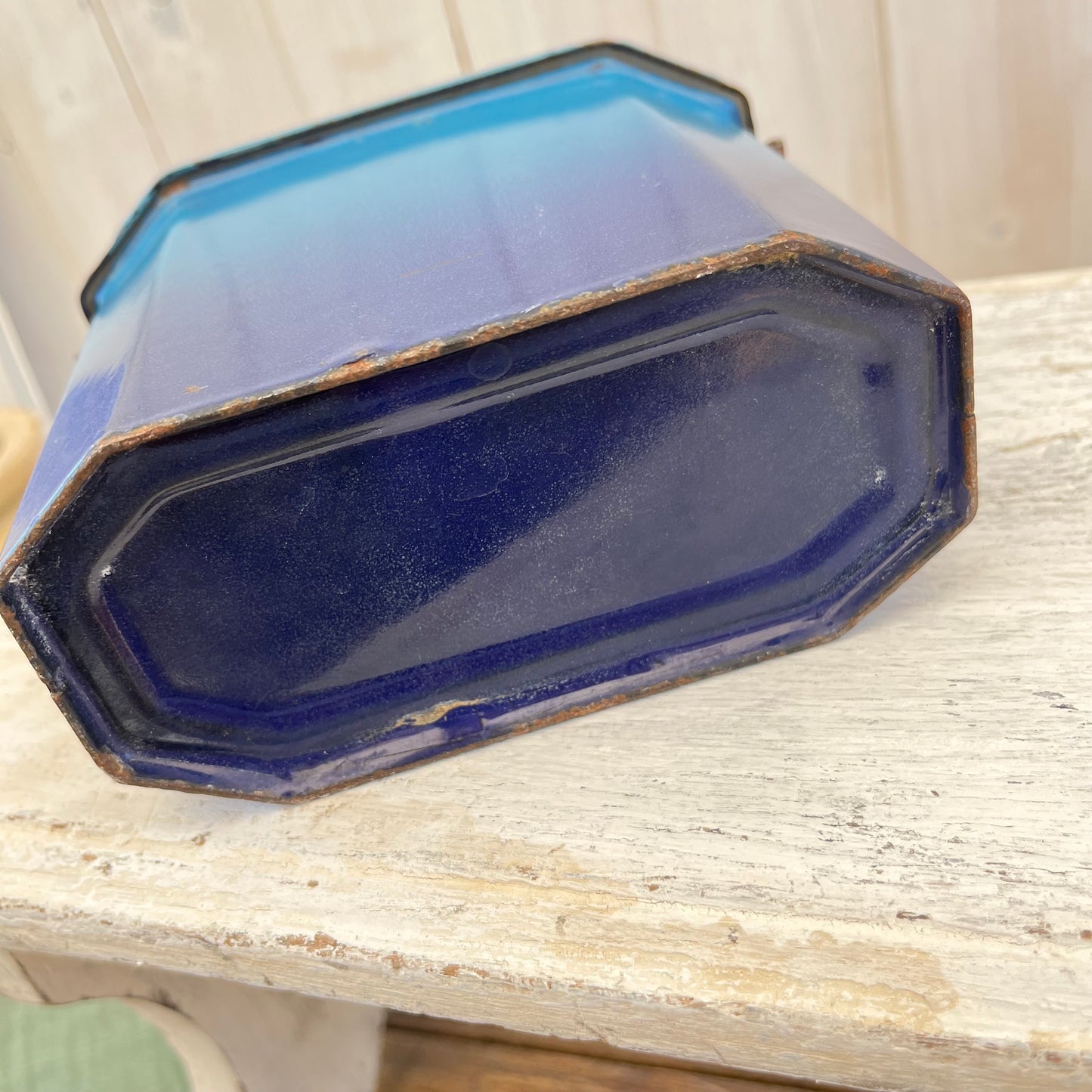 Vintage French Enamel Lunch Pail. Blue Ombre. Brocante.