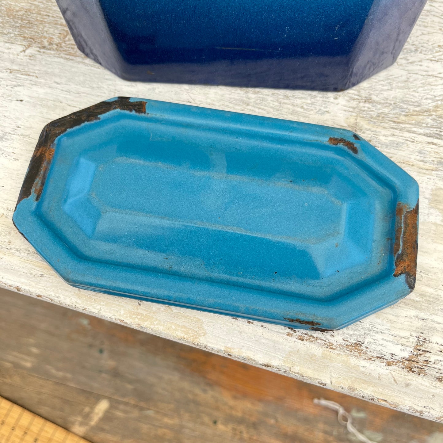 Vintage French Enamel Lunch Pail. Blue Ombre. Brocante.