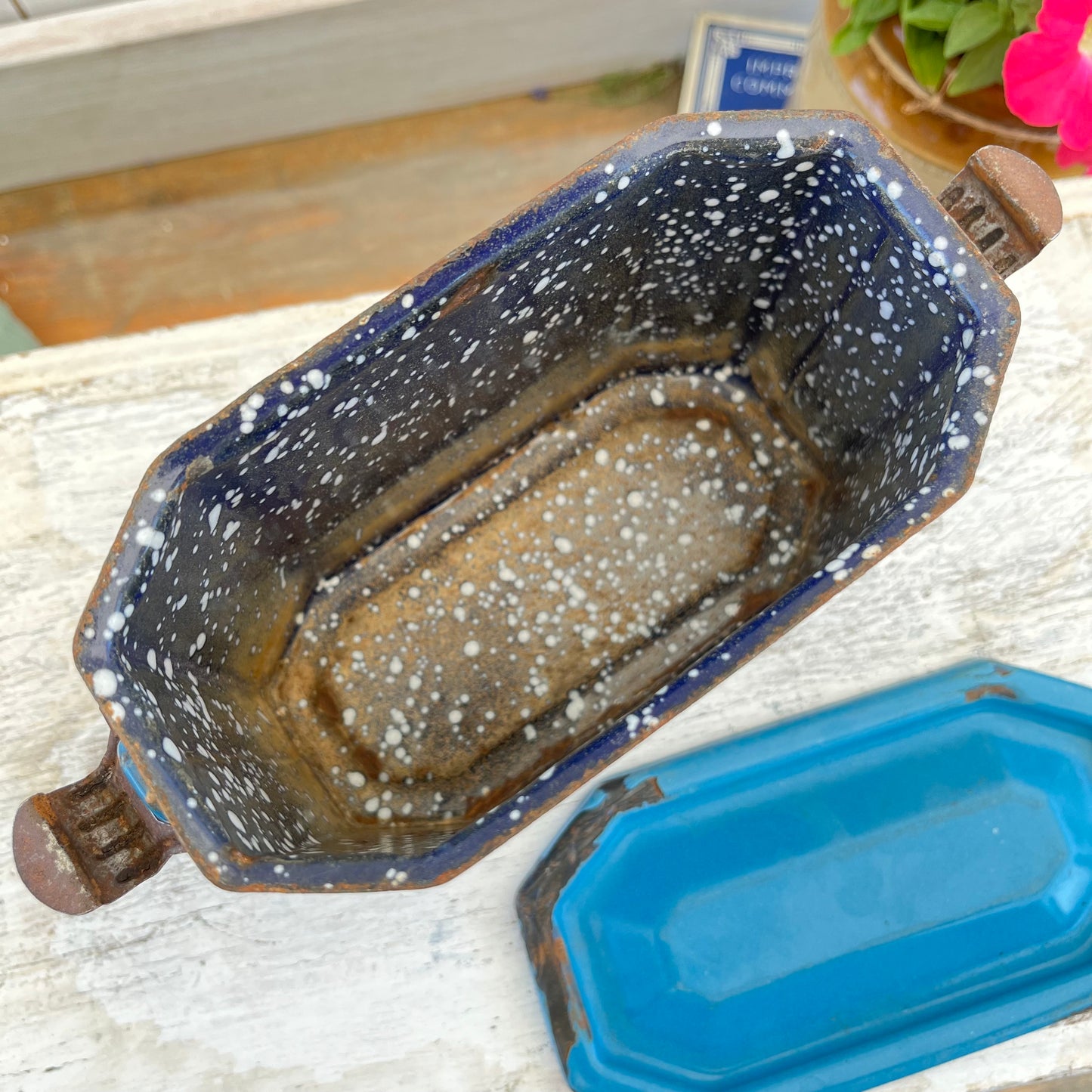 Vintage French Enamel Lunch Pail. Blue Ombre. Brocante.