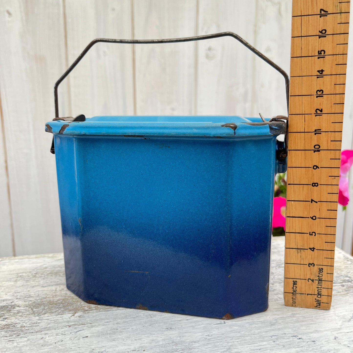 Vintage French Enamel Lunch Pail. Blue Ombre. Brocante.