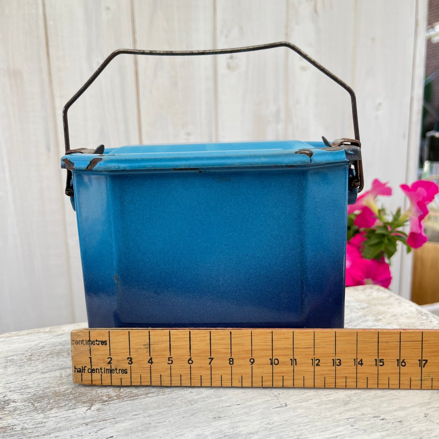 Vintage French Enamel Lunch Pail. Blue Ombre. Brocante.
