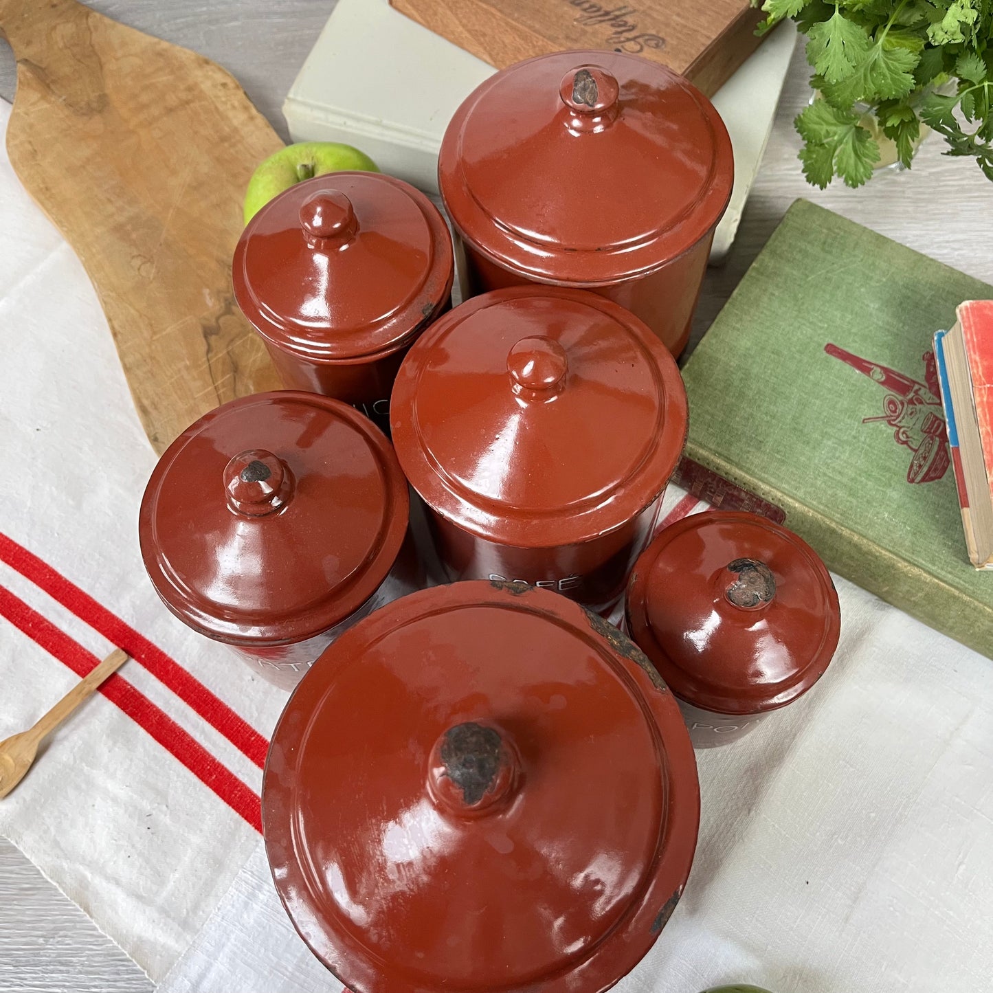 Vintage French Enamel Graduated Canisters x 6. 1930s