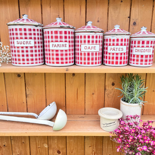 Vintage French Enamel Canisters x 5 . B.B. Freres. 1930s