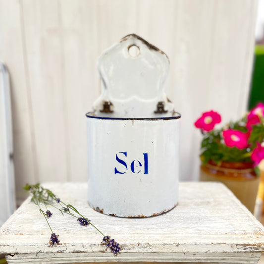 Vintage French Enamel Salt Box. No Lid. Chippy. Brocante