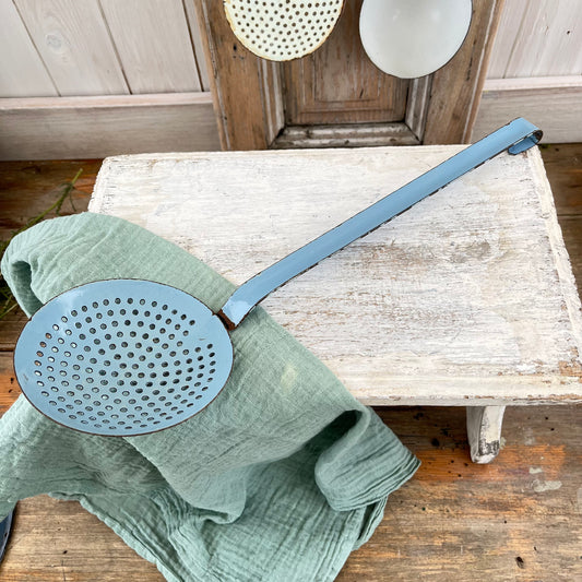 Vintage French Blue Enamel Sieve Spoon Ladle. Chippy. Rustic. Brocante