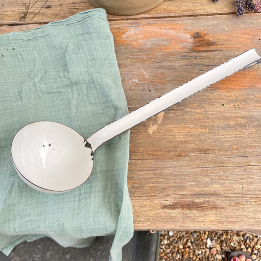 Vintage French Enamel Ladle. White Chippy. Rustic. Brocante