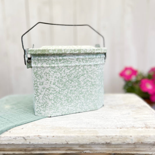 Vintage French Enamel Lunch Pail. Mottled Pale Green. Brocante.