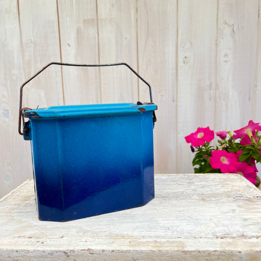 Vintage French Enamel Lunch Pail. Blue Ombre. Brocante.