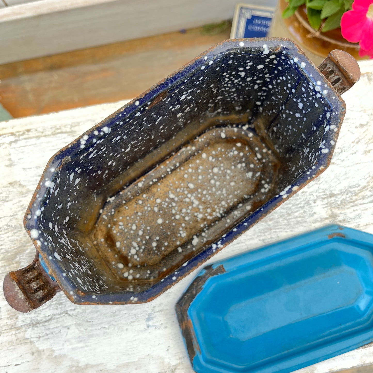 Vintage French Enamel Lunch Pail. Blue Ombre. Brocante.