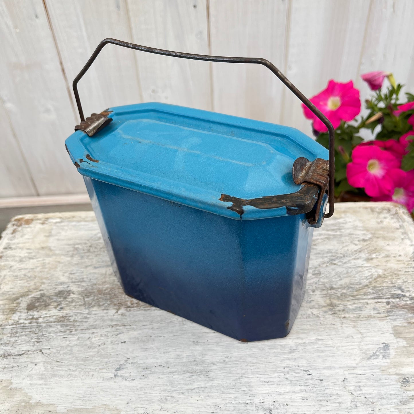 Vintage French Enamel Lunch Pail. Blue Ombre. Brocante.